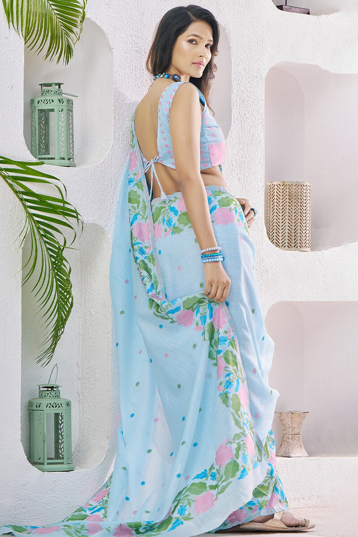 Cloudy Blue Soft Linen Silk Saree