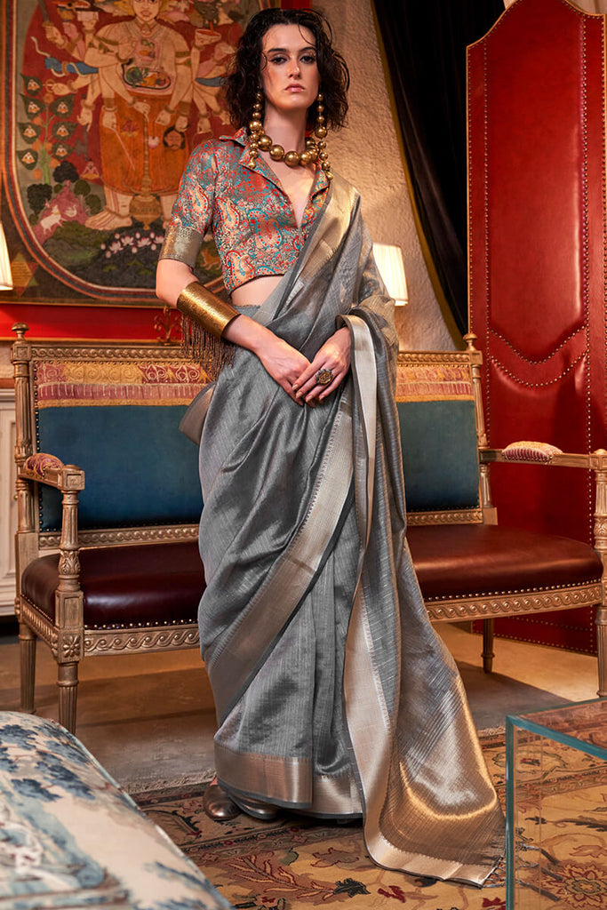 Cloudy Grey Hand Woven Moss Chiffon Silk Saree