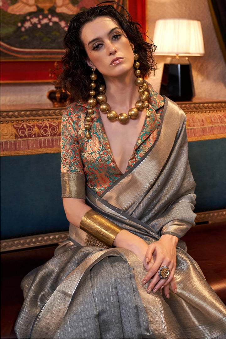 Cloudy Grey Hand Woven Moss Chiffon Silk Saree