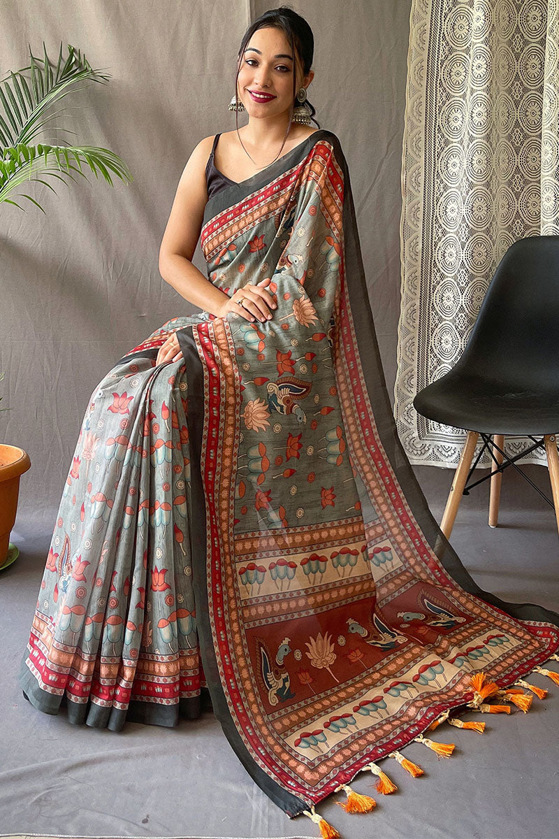 Cloudy Grey Kalamkari Printed Cotton Silk Saree