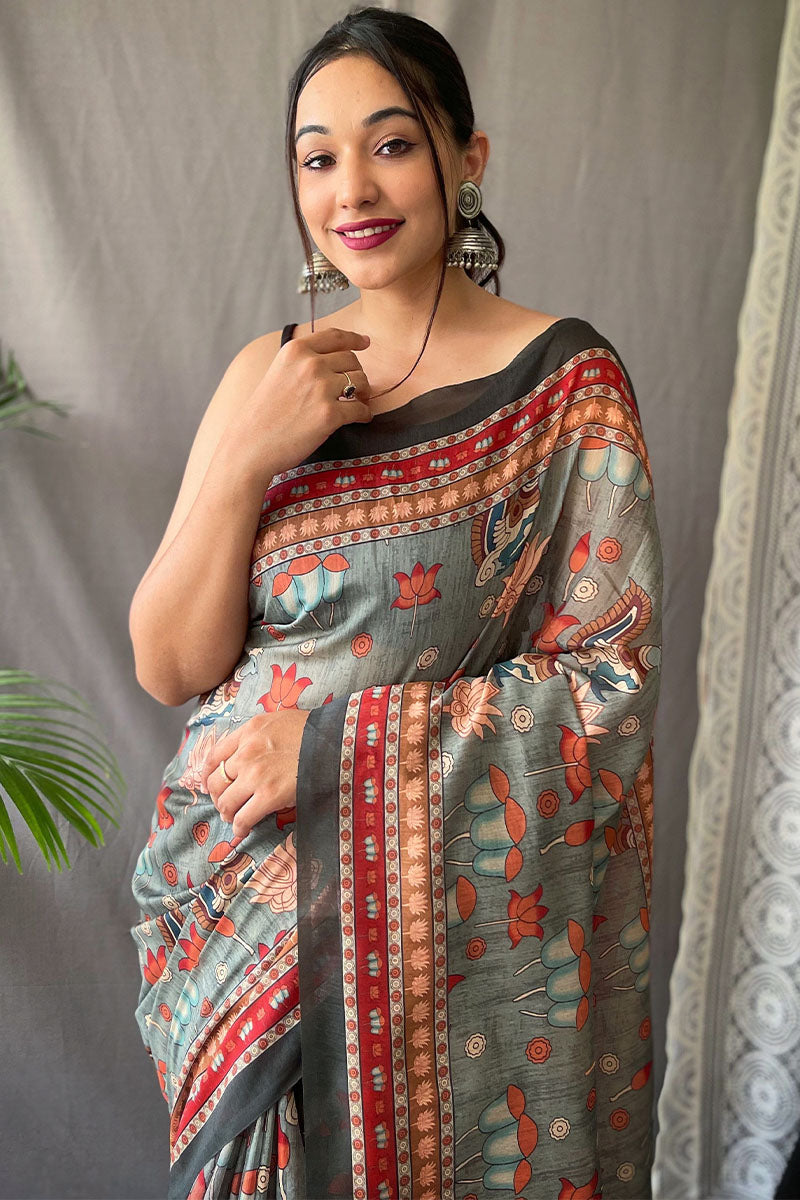 Cloudy Grey Kalamkari Printed Cotton Silk Saree