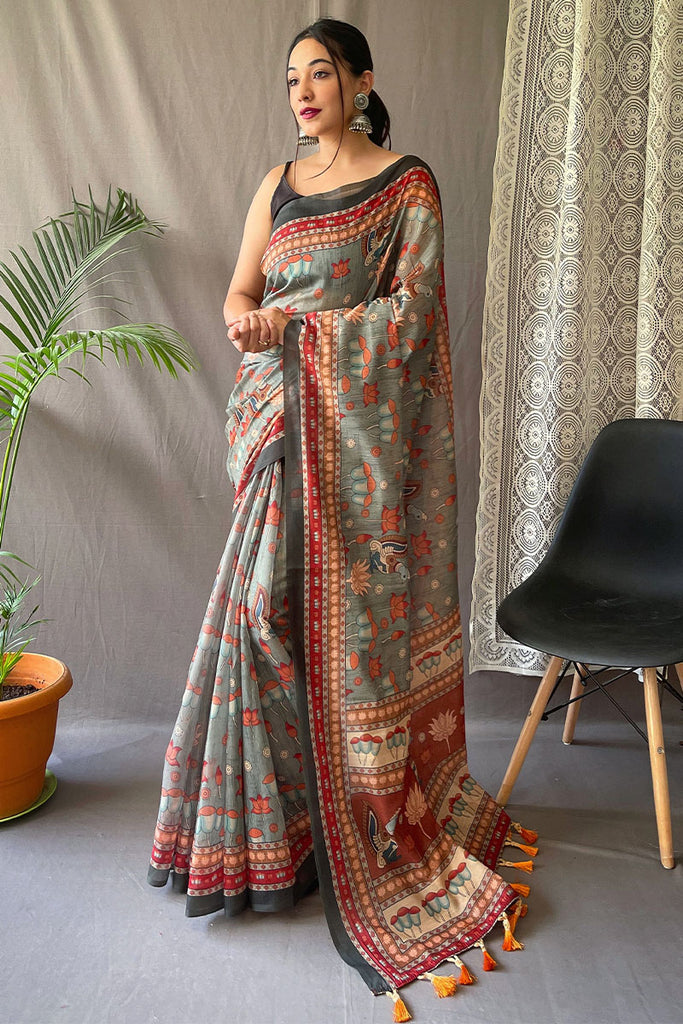 Cloudy Grey Kalamkari Printed Cotton Silk Saree