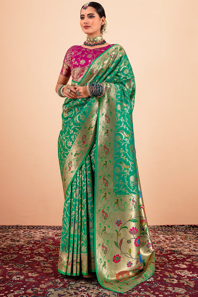 Clover Green Zari Woven Paithani Silk Saree