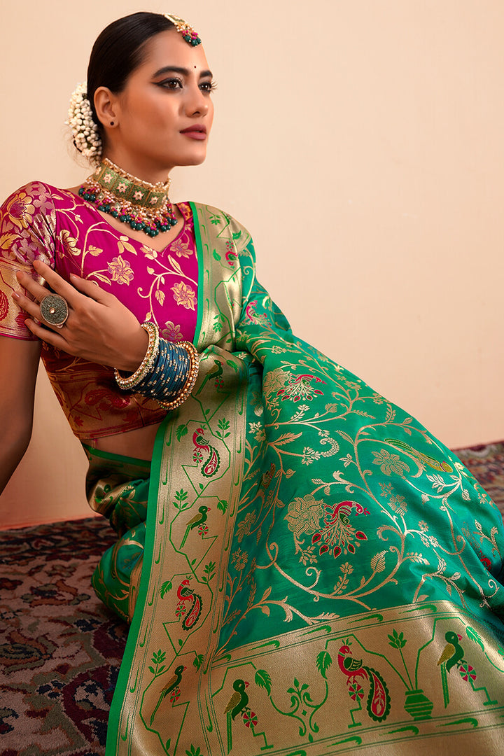 Clover Green Zari Woven Paithani Silk Saree