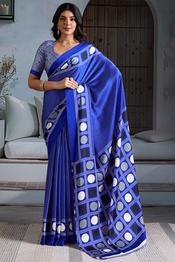 Cobalt Blue Ajrakh Printed Satin Crepe Silk Saree