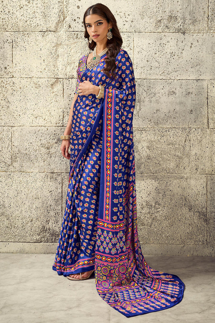 Cobalt Blue Ajrakh Printed Semi Modal Satin Silk Saree