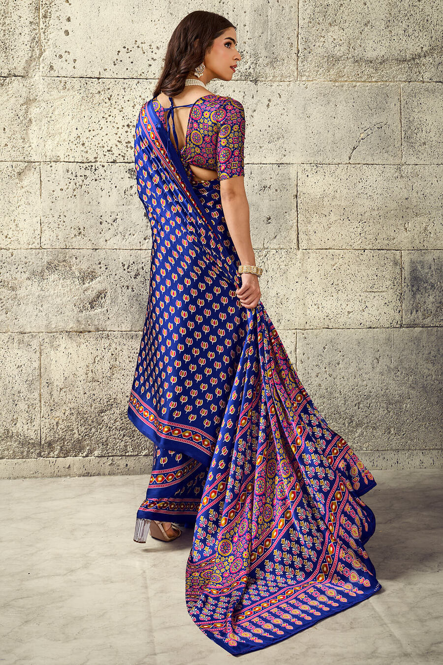 Cobalt Blue Ajrakh Printed Semi Modal Satin Silk Saree