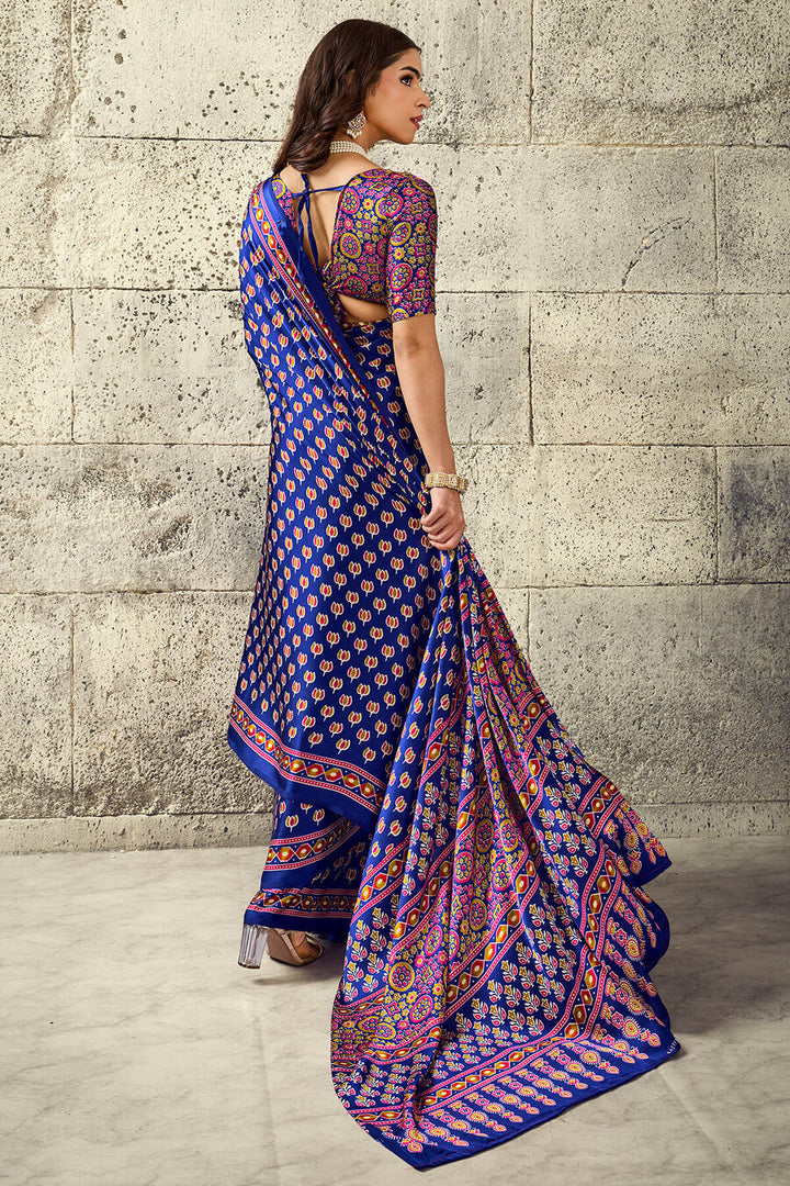 Cobalt Blue Ajrakh Printed Semi Modal Satin Silk Saree