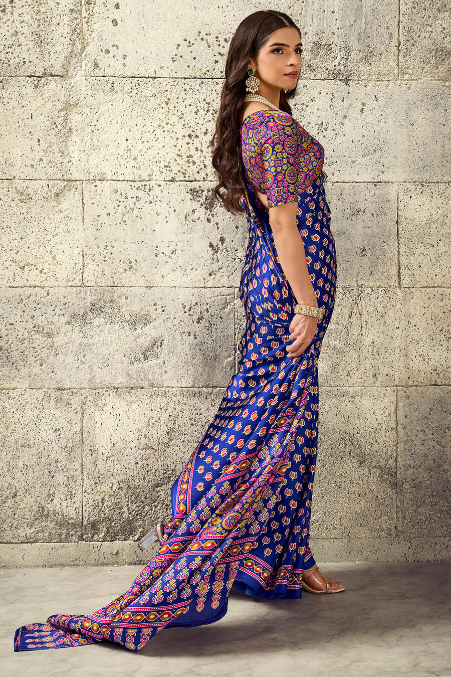Cobalt Blue Ajrakh Printed Semi Modal Satin Silk Saree