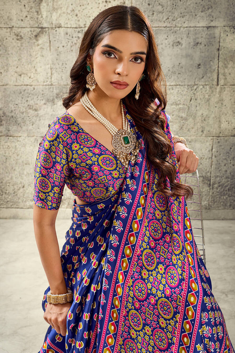 Cobalt Blue Ajrakh Printed Semi Modal Satin Silk Saree