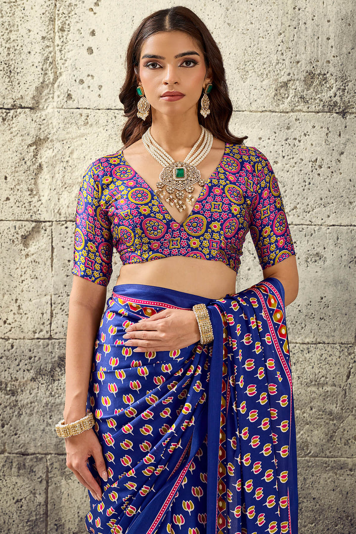 Cobalt Blue Ajrakh Printed Semi Modal Satin Silk Saree