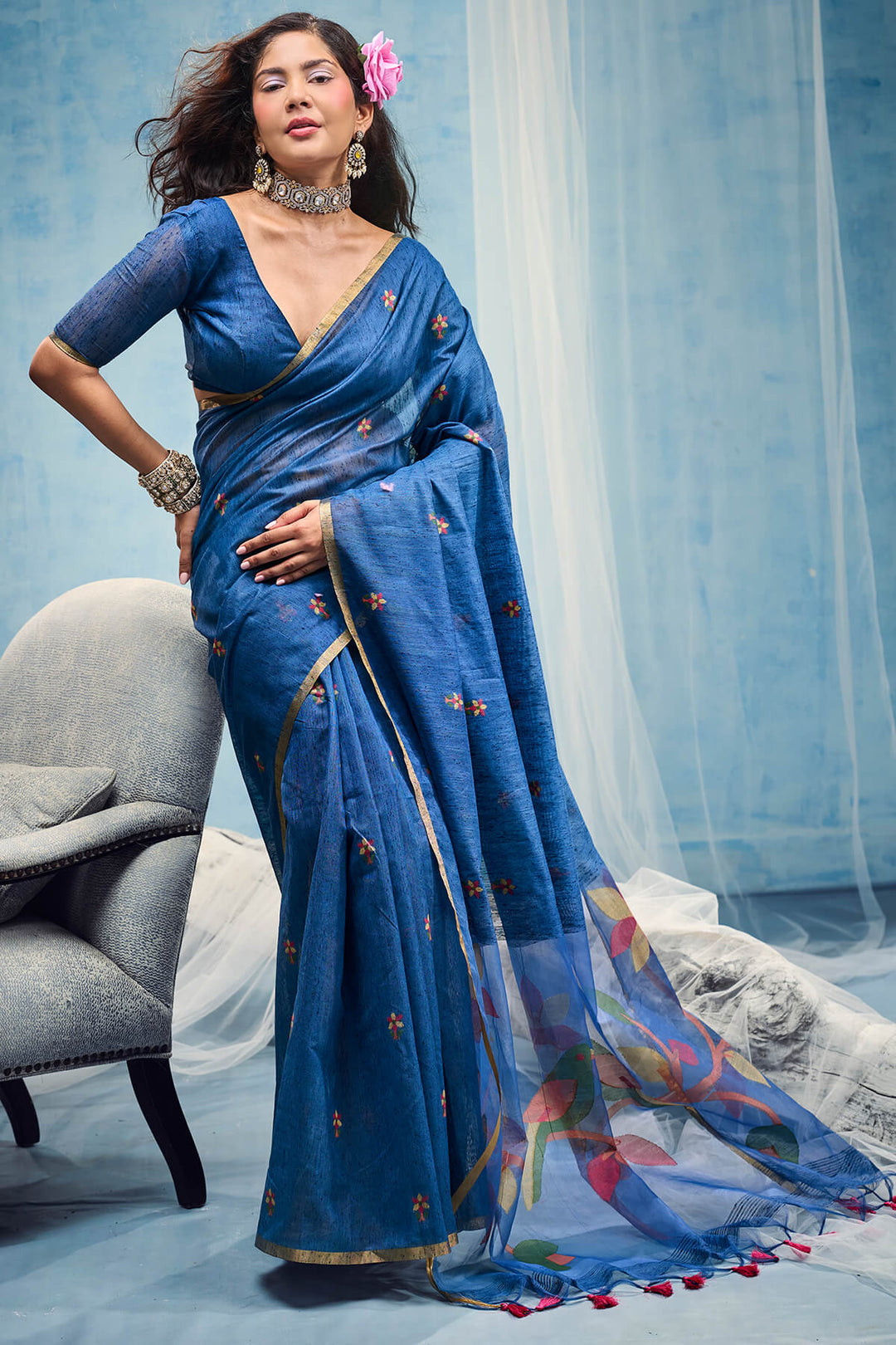Cobalt Blue Zari Woven Munga Cotton Saree