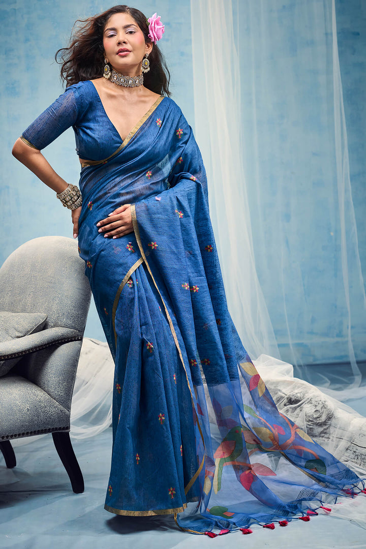 Cobalt Blue Zari Woven Munga Cotton Saree