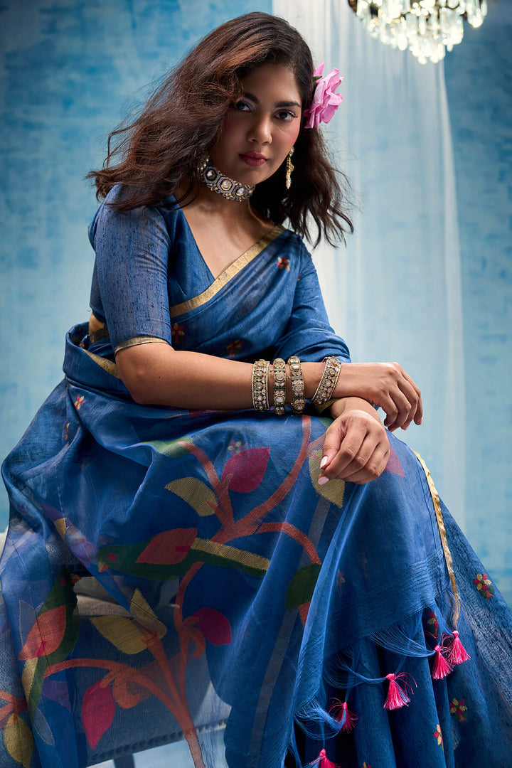 Cobalt Blue Zari Woven Munga Cotton Saree