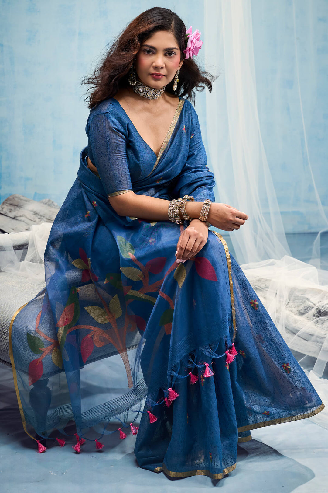 Cobalt Blue Zari Woven Munga Cotton Saree