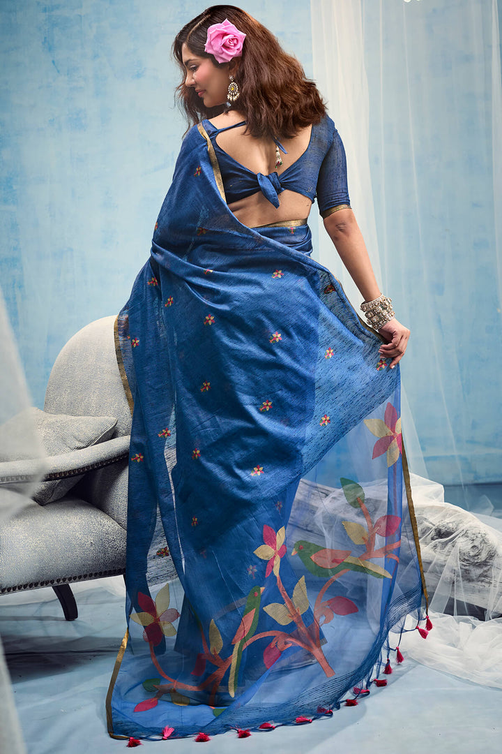 Cobalt Blue Zari Woven Munga Cotton Saree