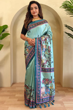 Columbia Blue Kalamkari Digital Printed Pure Dola Viscos saree
