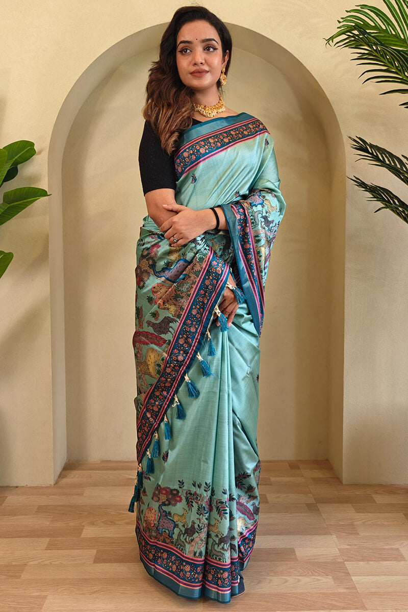 Columbia Blue Kalamkari Digital Printed Pure Dola Viscos saree