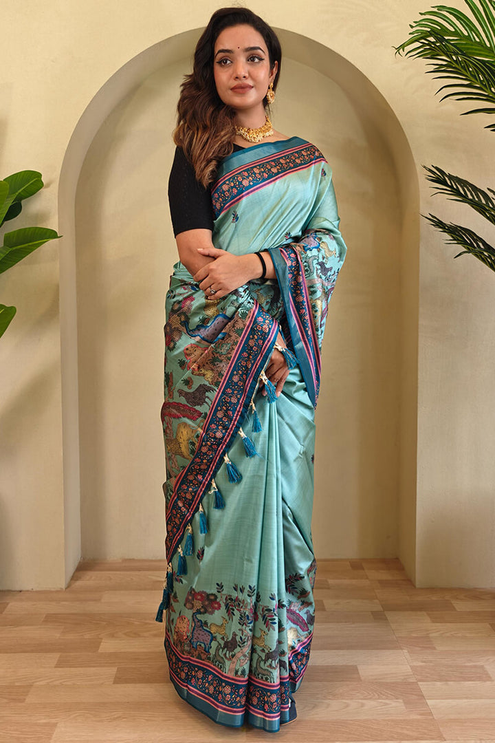 Columbia Blue Kalamkari Digital Printed Pure Dola Viscos saree