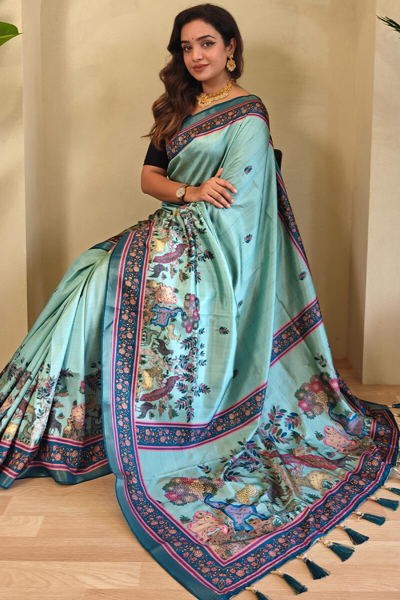 Columbia Blue Kalamkari Digital Printed Pure Dola Viscos saree