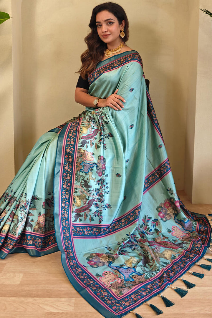 Columbia Blue Kalamkari Digital Printed Pure Dola Viscos saree