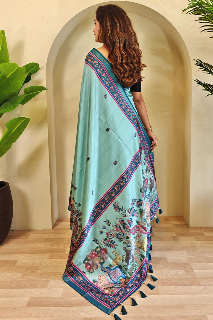 Columbia Blue Kalamkari Digital Printed Pure Dola Viscos saree