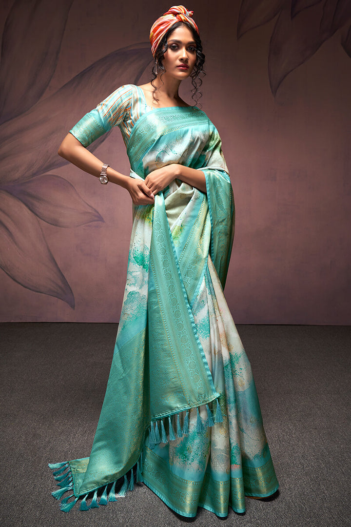 Columbia Blue Printed Soft Silk Saree