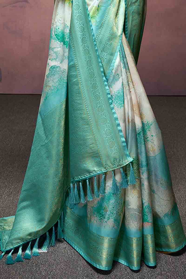 Columbia Blue Printed Soft Silk Saree