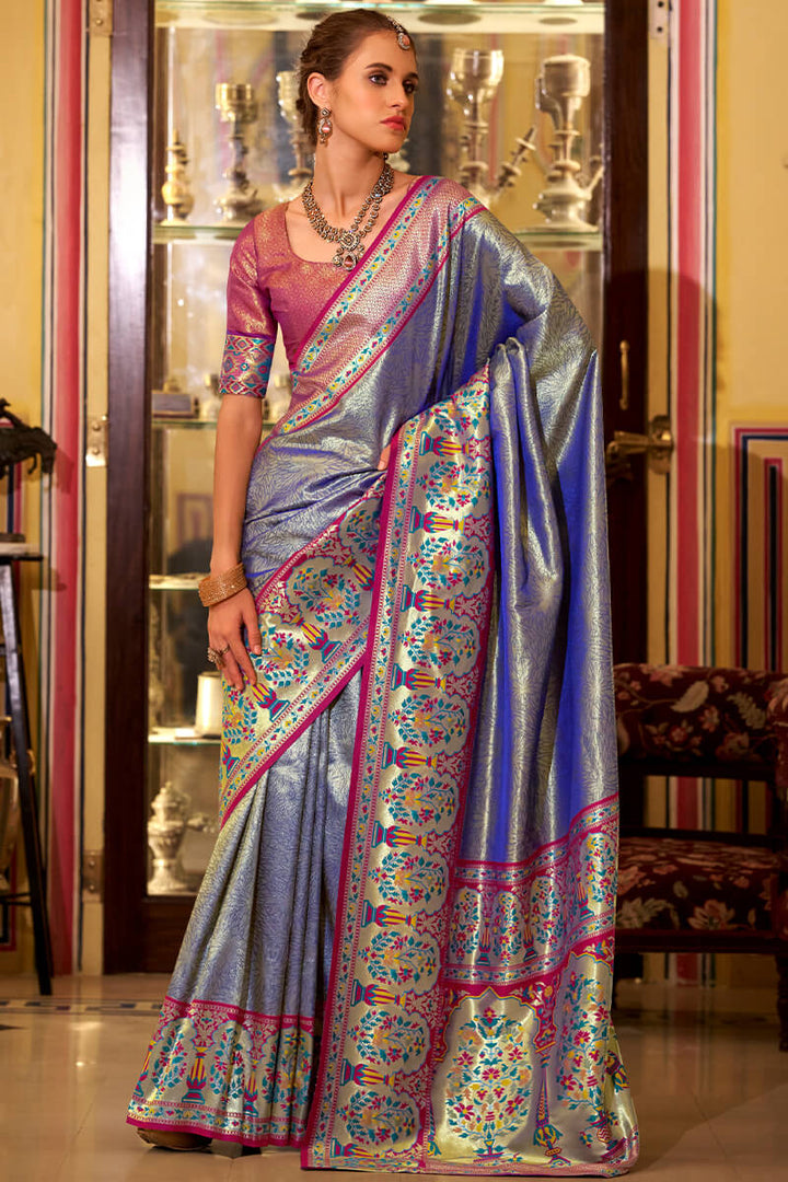Comet Blue Paithani Tissue Silk Saree