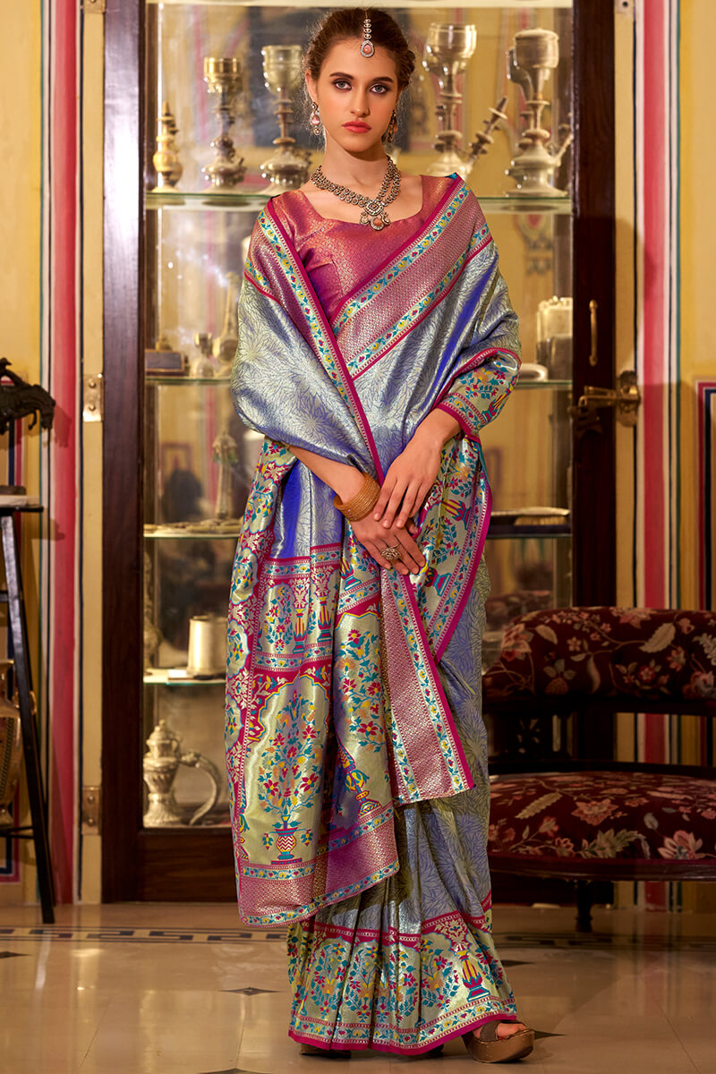 Comet Blue Paithani Tissue Silk Saree