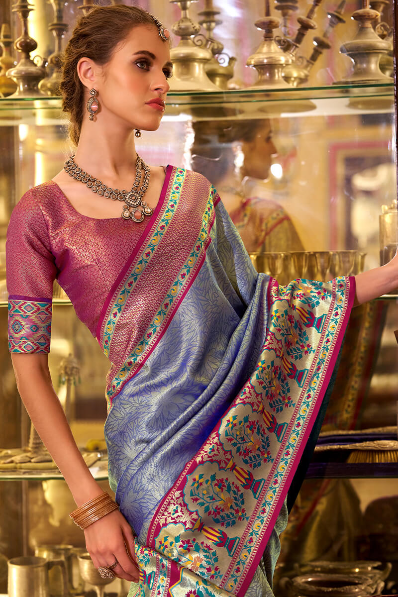 Comet Blue Paithani Tissue Silk Saree