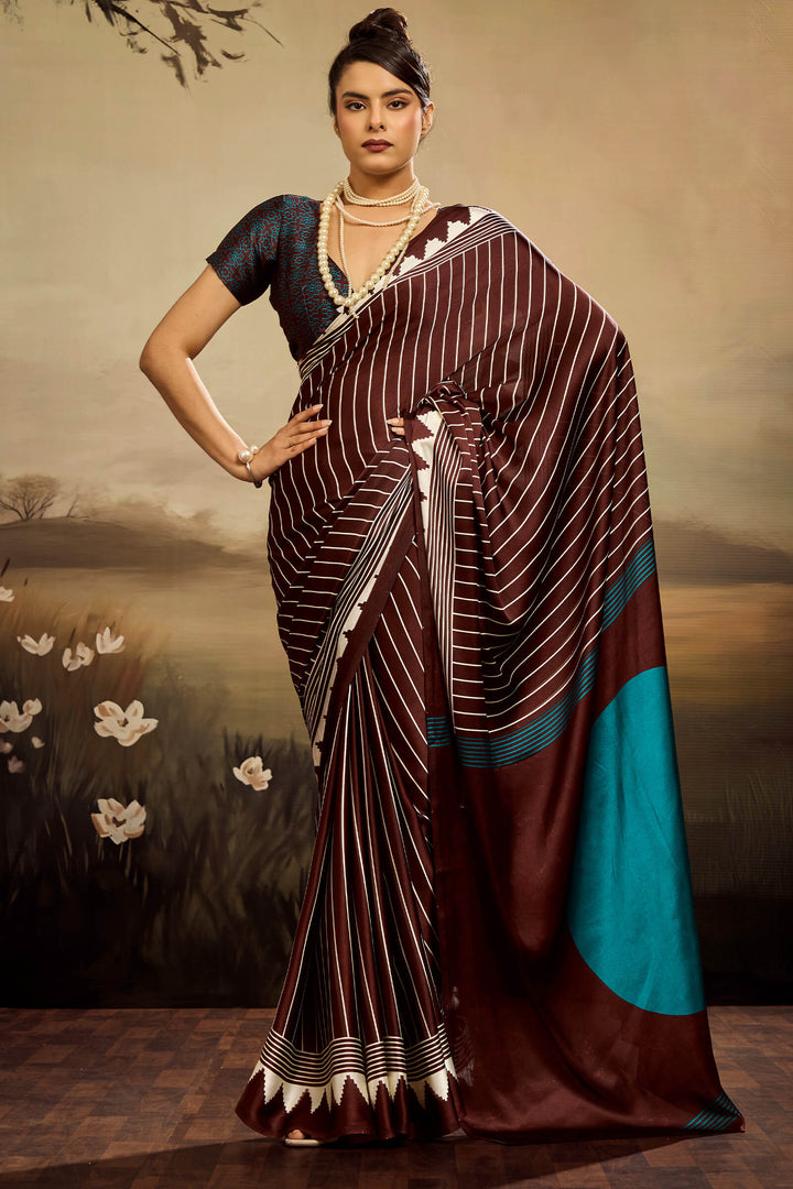 Congo Brown Ajrakh Printed Satin Silk Saree