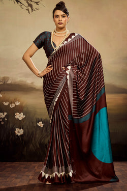 Congo Brown Ajrakh Printed Satin Silk Saree