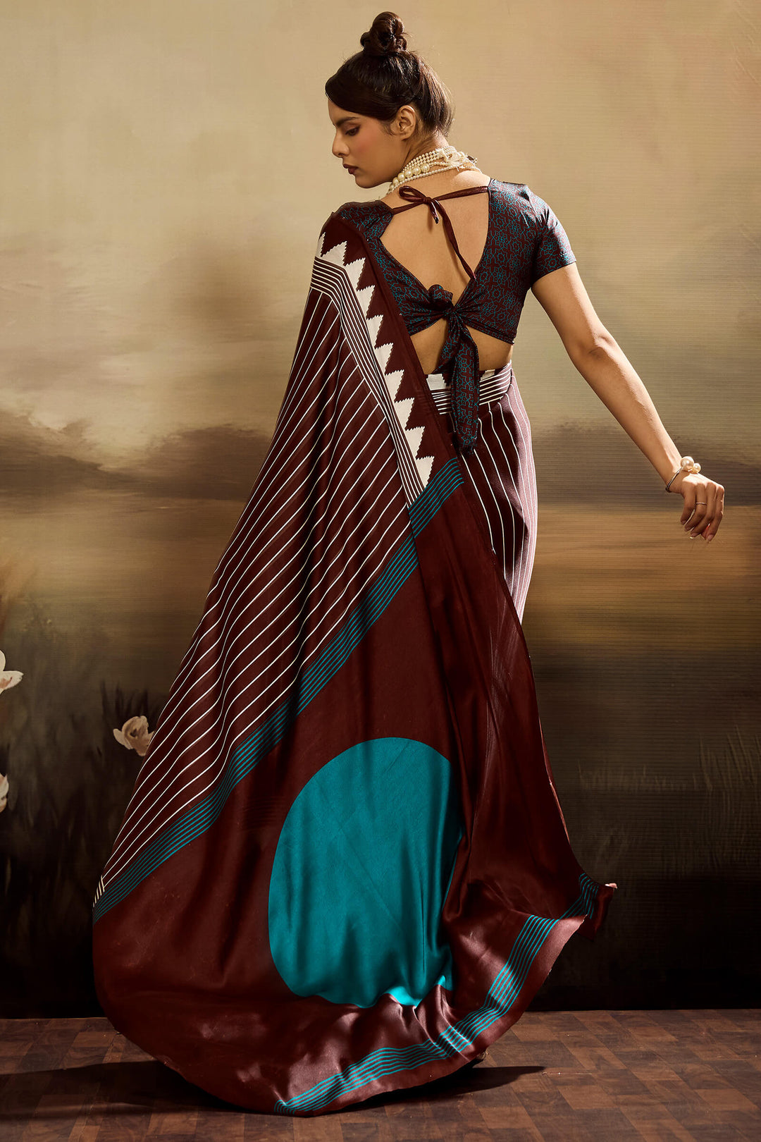 Congo Brown Ajrakh Printed Satin Silk Saree