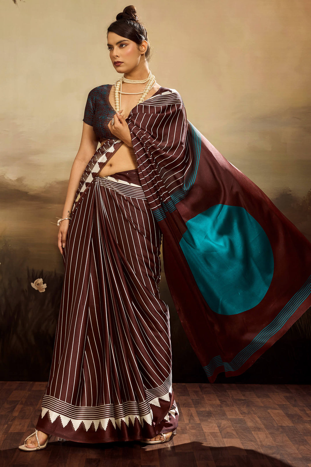 Congo Brown Ajrakh Printed Satin Silk Saree