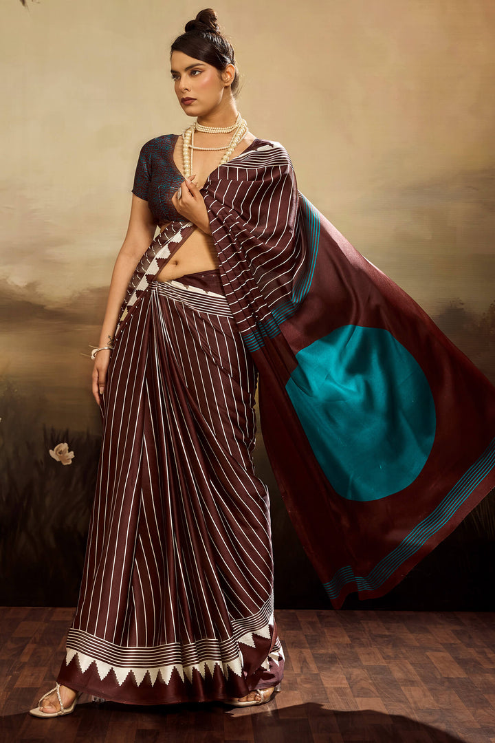 Congo Brown Ajrakh Printed Satin Silk Saree