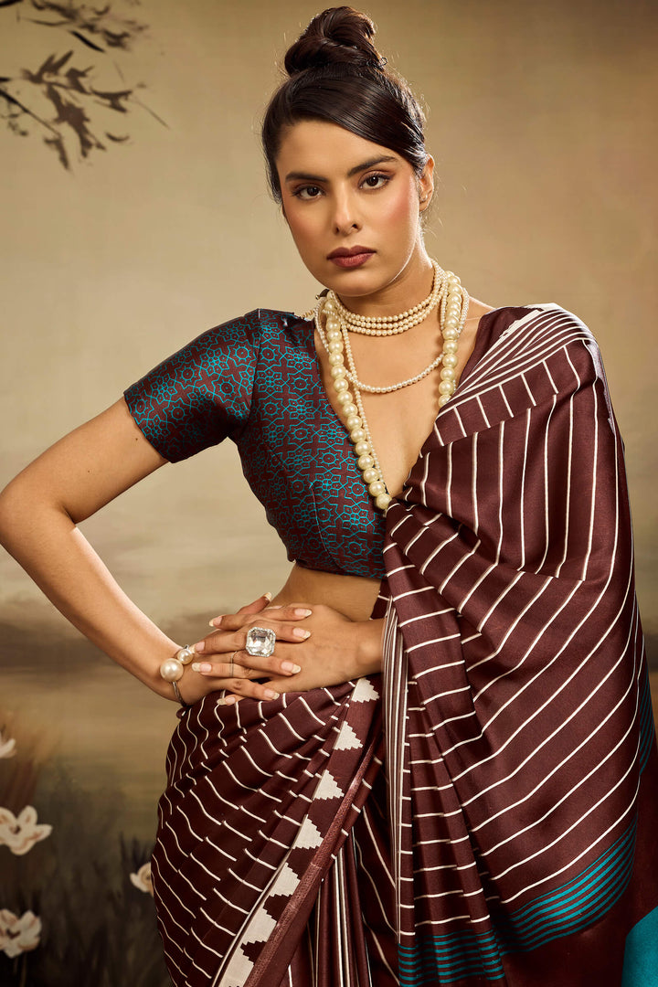 Congo Brown Ajrakh Printed Satin Silk Saree