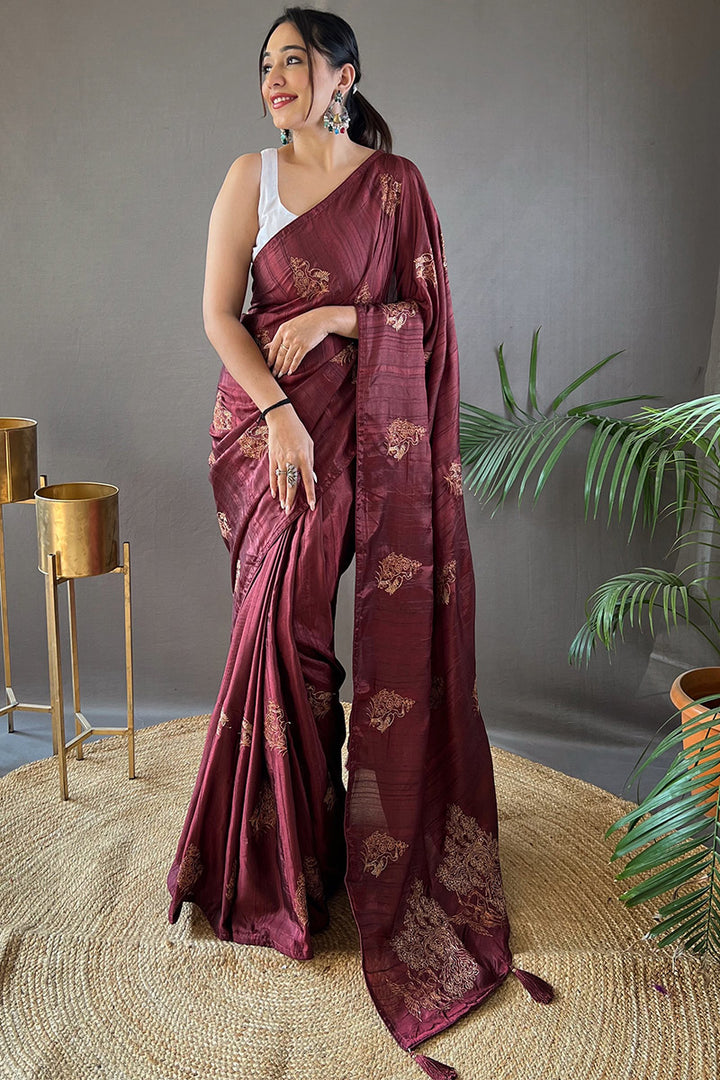 Congo Brown Embroidered Work Soft Silk Saree