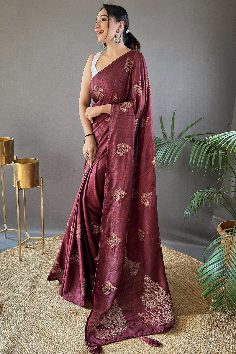 Congo Brown Embroidered Work Soft Silk Saree