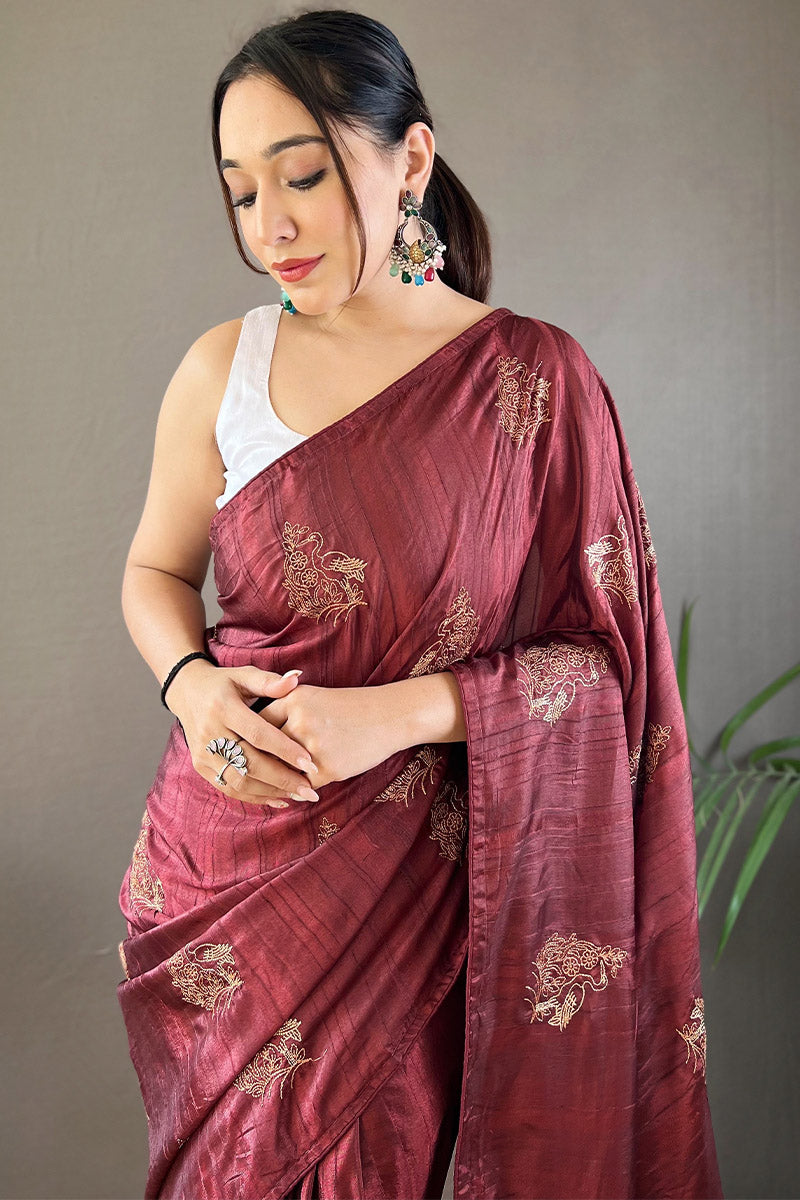 Congo Brown Embroidered Work Soft Silk Saree