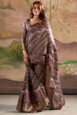 Congo Brown Printed Dola Silk Saree
