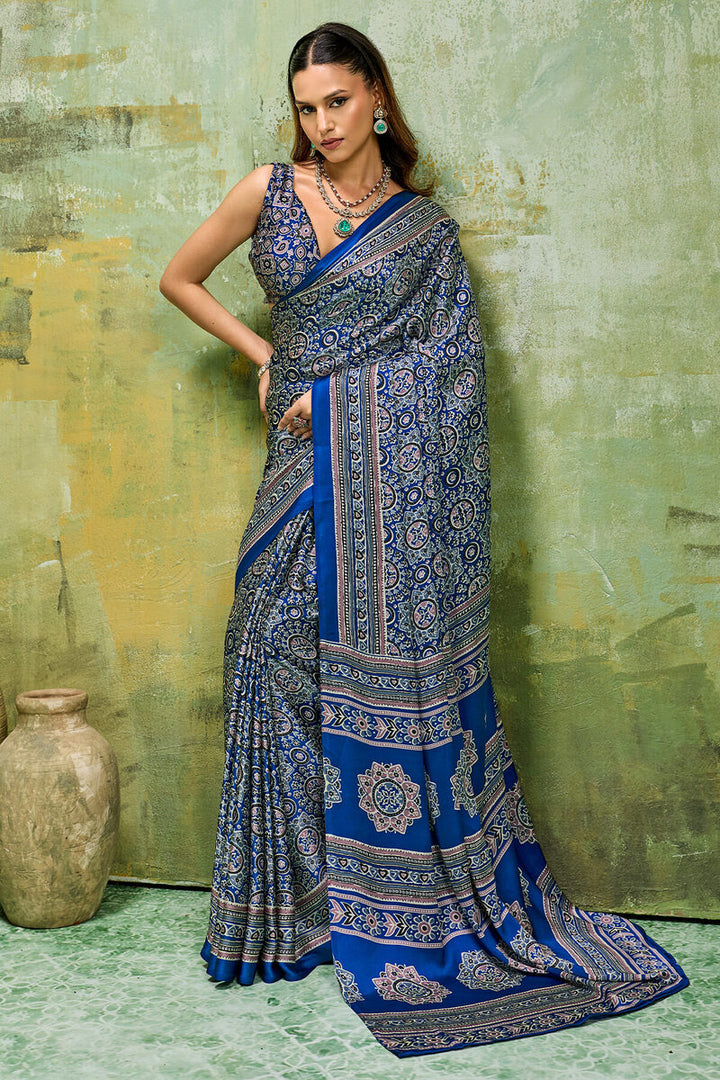 Congress Blue Ajrakh Printed Semi Modal Satin Silk Saree