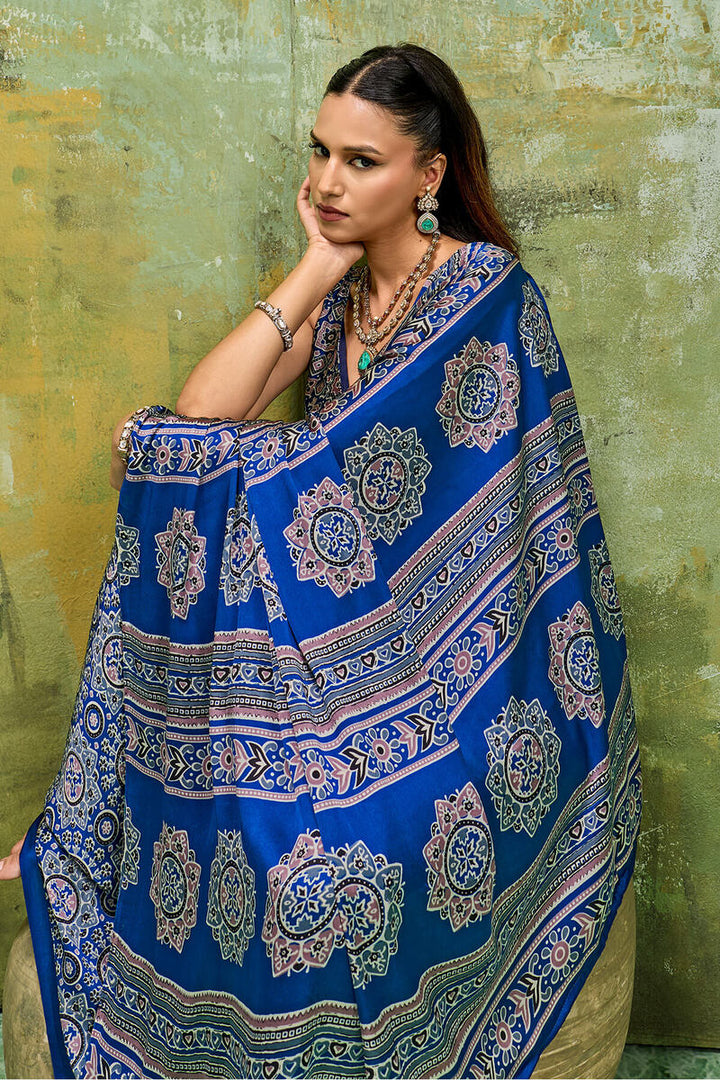 Congress Blue Ajrakh Printed Semi Modal Satin Silk Saree