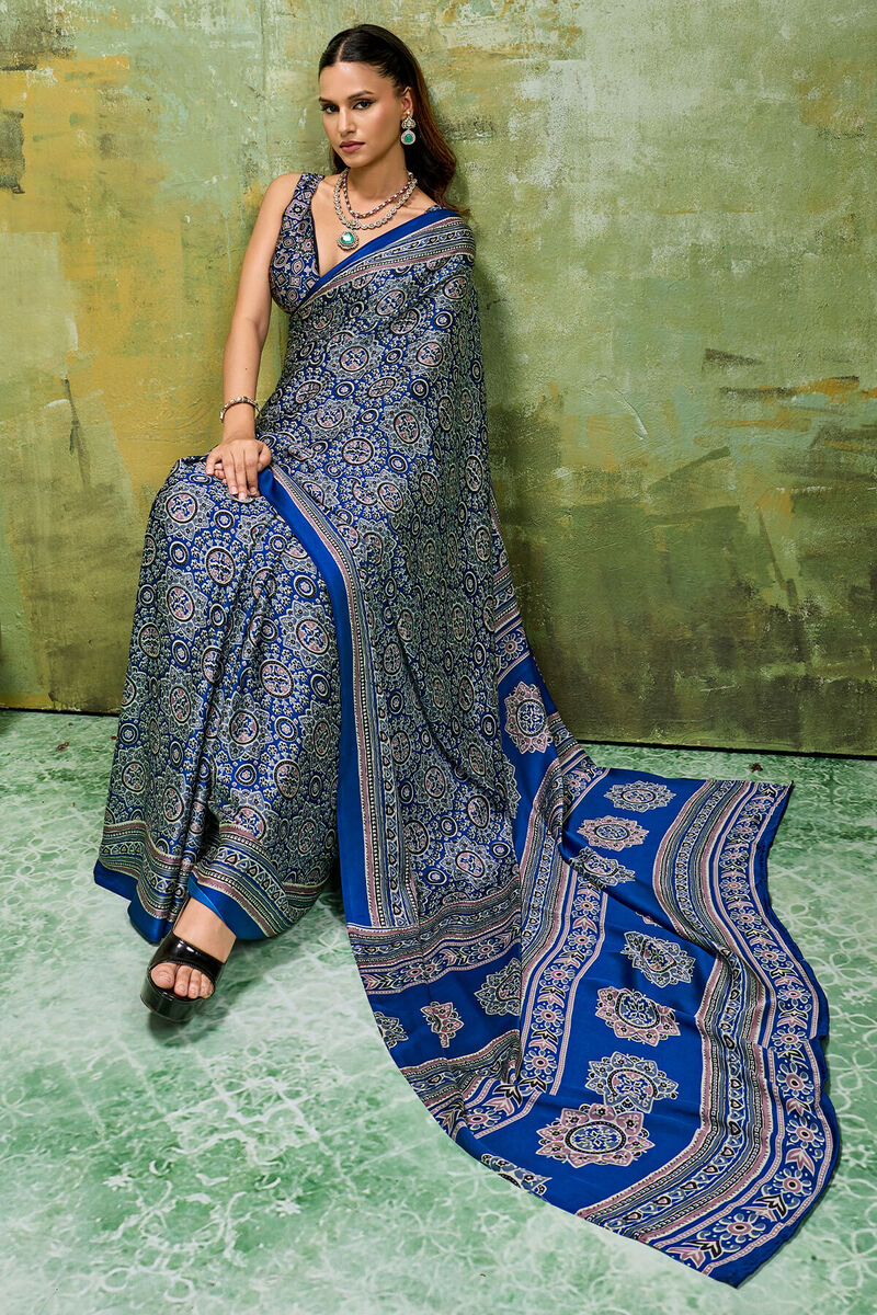 Congress Blue Ajrakh Printed Semi Modal Satin Silk Saree