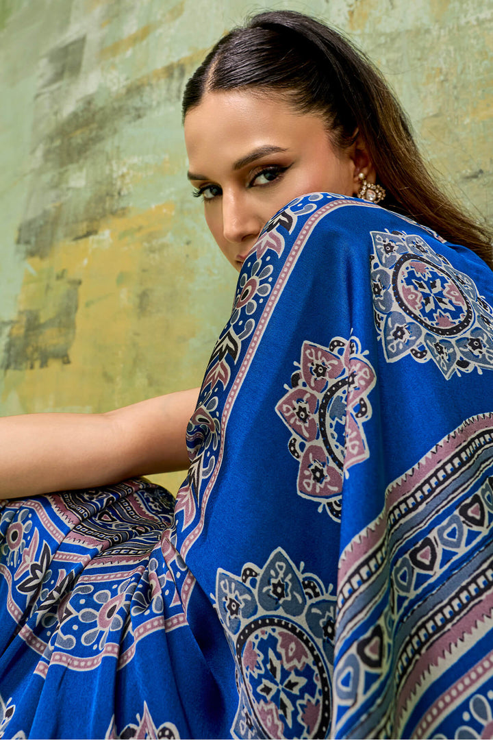 Congress Blue Ajrakh Printed Semi Modal Satin Silk Saree