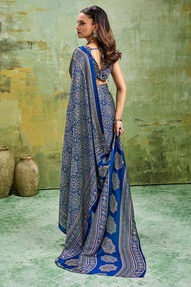 Congress Blue Ajrakh Printed Semi Modal Satin Silk Saree