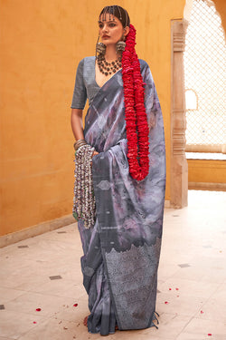 Cool Grey Digital Printed Linen Silk Saree