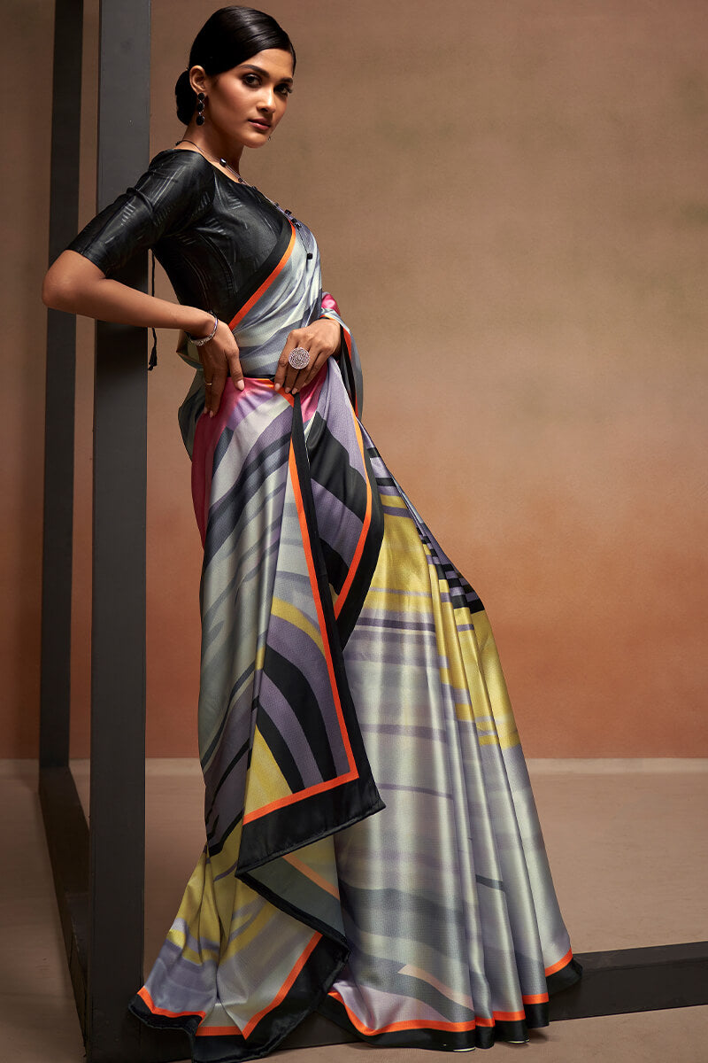 Cool Grey Printed Satin Silk Saree