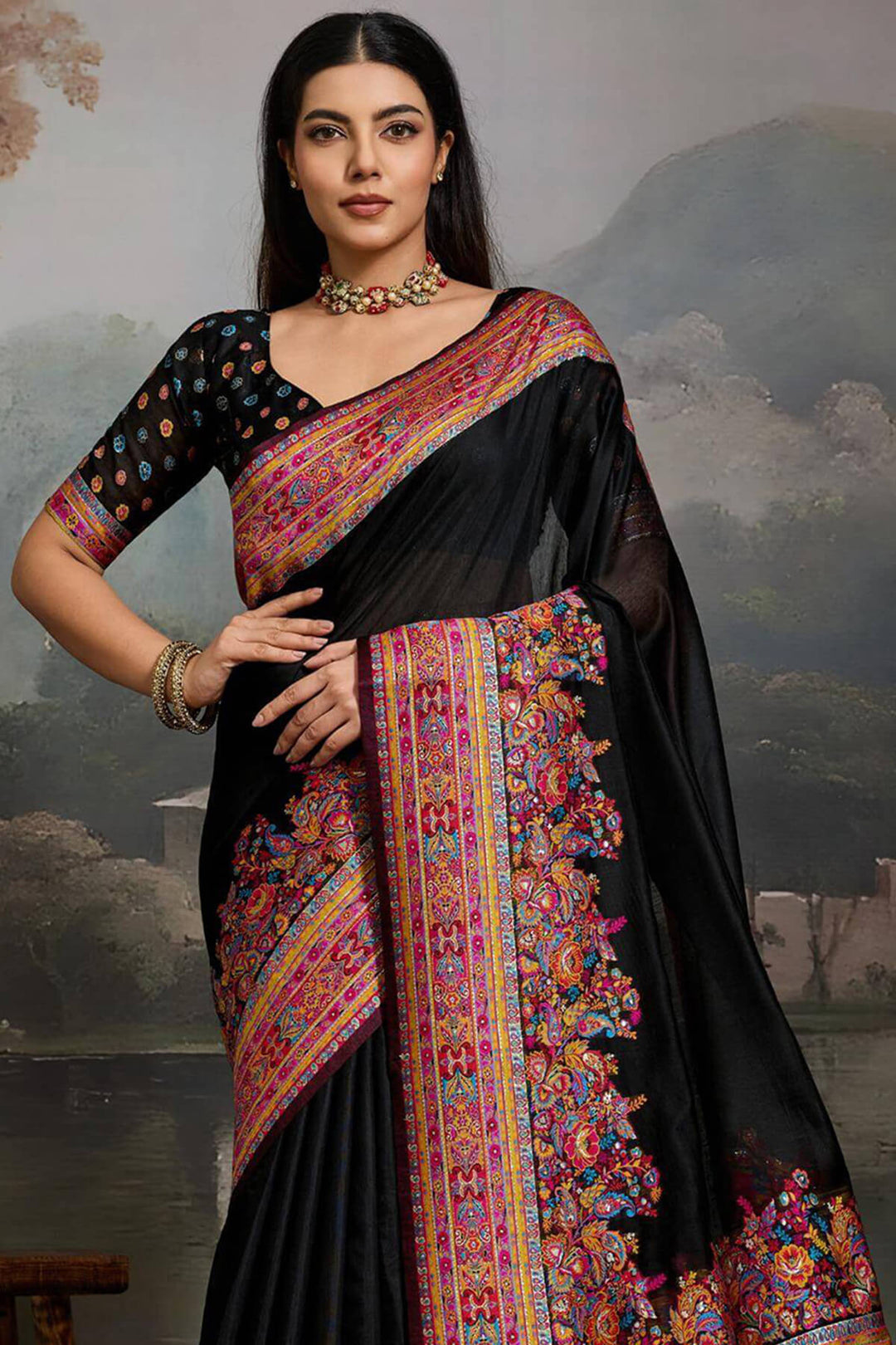 Coral Black Kashmiri Modal Pashmina Silk Saree