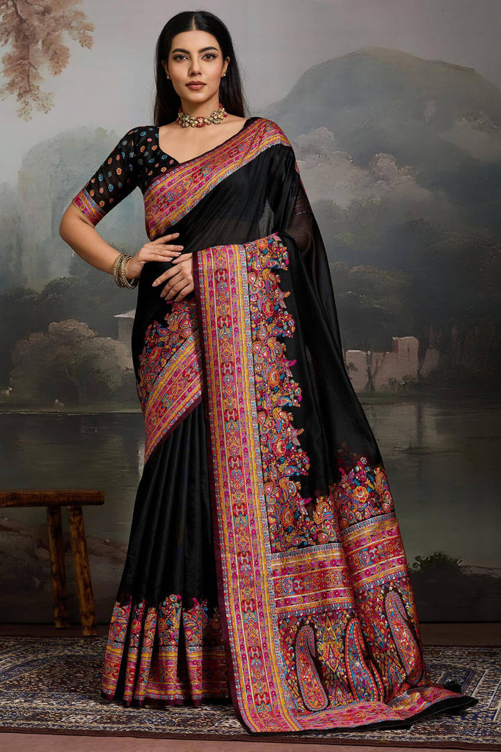 Coral Black Kashmiri Modal Pashmina Silk Saree